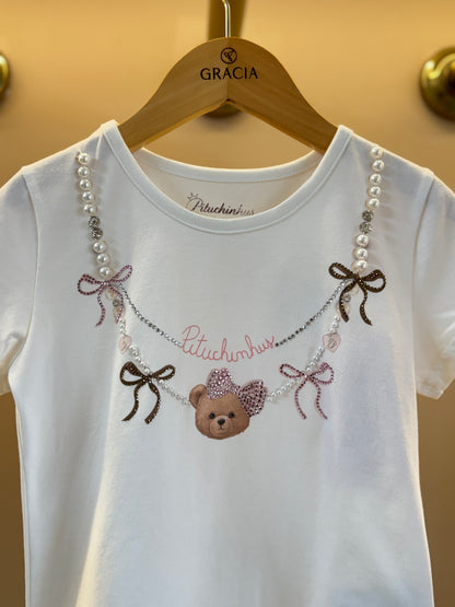 Blusa Infantil Algodão Cotton Ursinha Colar Bordado Off White - Pituchinhus