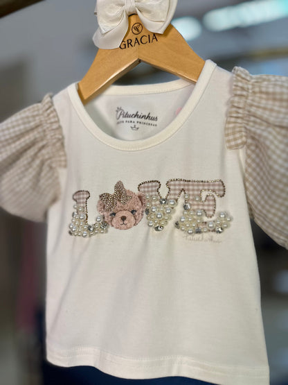 Conjunto Infantil Blusa Love Bordado Mangas Xadrez e Shorts Bordados Pérolas e Cristais - Pituchinhus