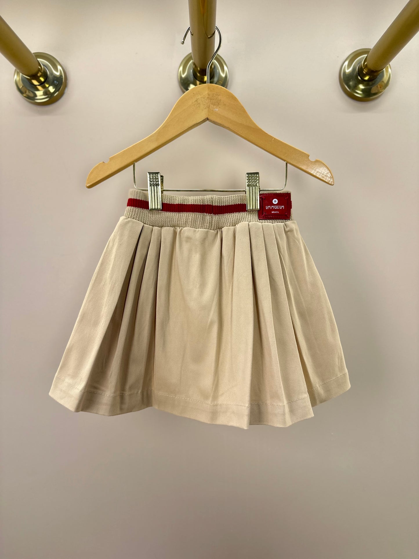 Saia-shorts Infantil Sarja Pregas Cós Tricot Bege - Um Mais Um