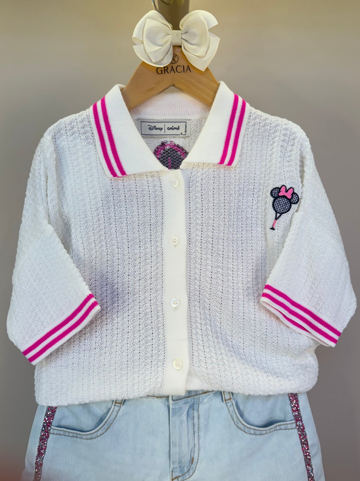 Conjunto Infantil Blusa Tricot Minnie Tennista e Shorts Jeans Strass Rosa - Animê