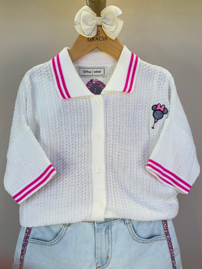 Conjunto Infantil Blusa Tricot Minnie Tennista e Shorts Jeans Strass Rosa - Animê