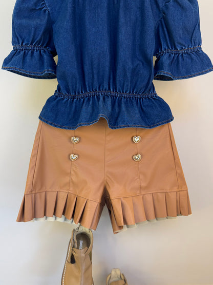 Conjunto Infantil Blusa Jeans Peplum e Shorts Couro Tech Botões - Luluzinha