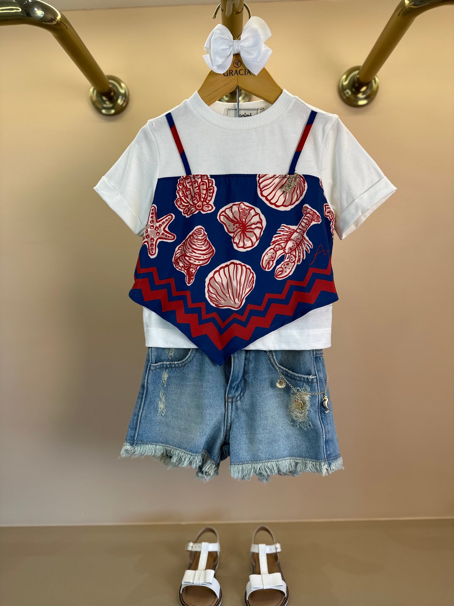 Conjunto Infantil Blusa Lenço Blue Sea e Shorts Jeans Pingentes - Animê