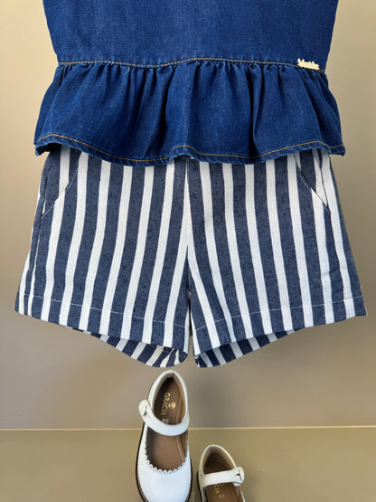 Conjunto Infantil Blusa Jeans Com Babado e Shorts Alfaiataria Listrado - Luluzinha