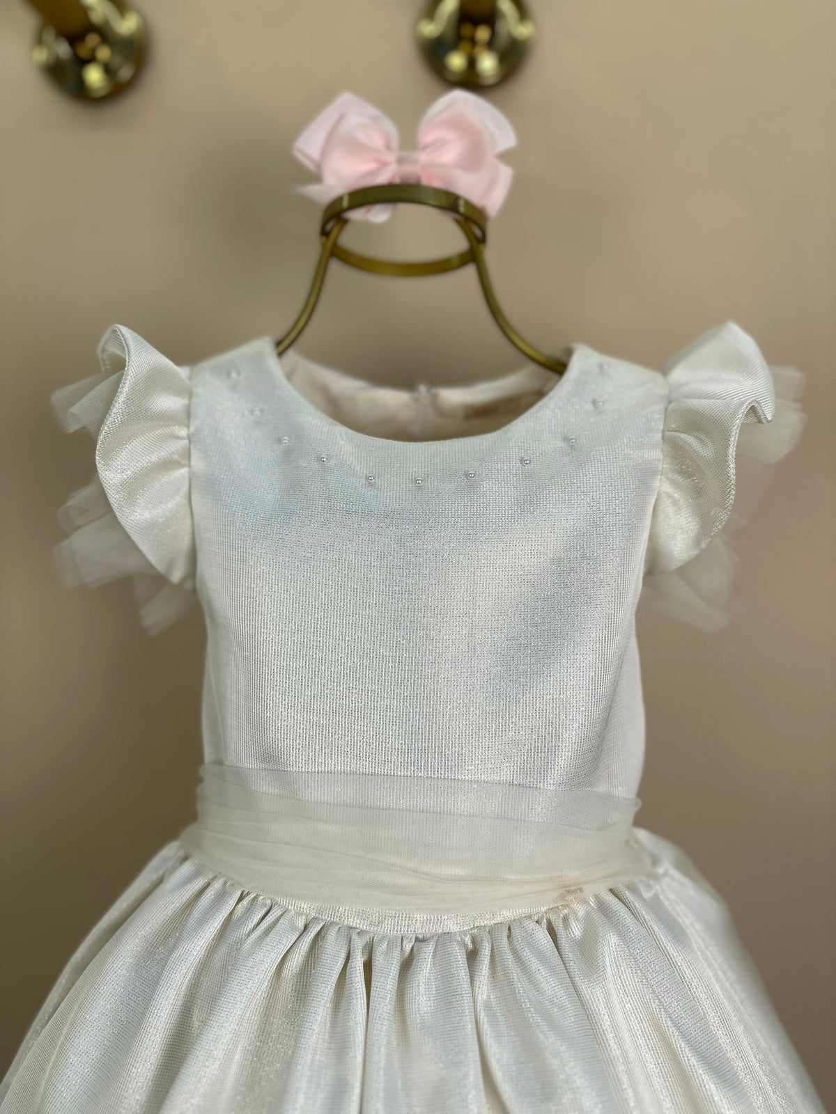 Vestido Infantil Festa Jacquard  Com Tule e Pérolas - Petit Cherie
