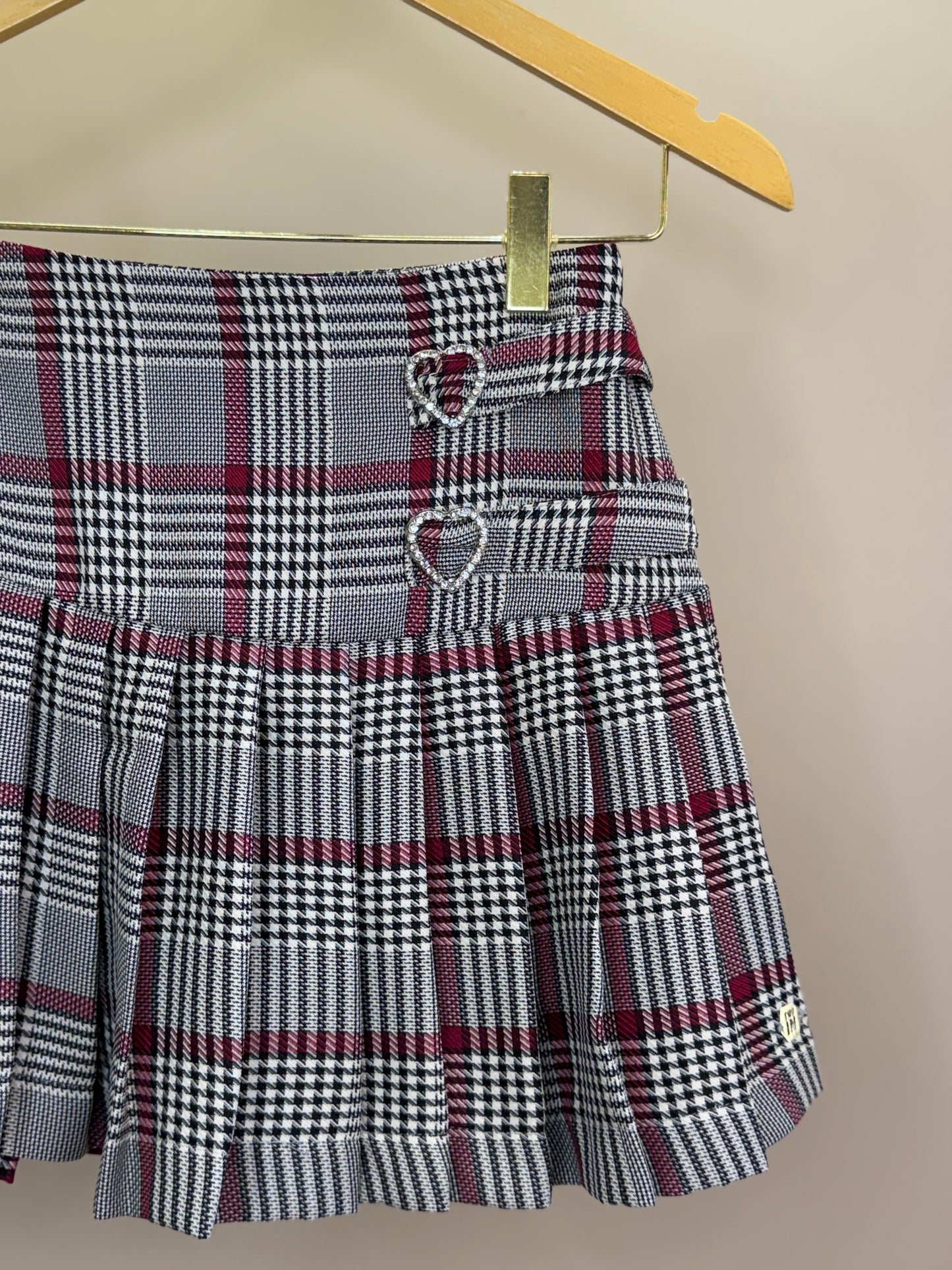 Saia-shorts Teen Pregas Alfaiataria Xadrez Coração Strass - Two In