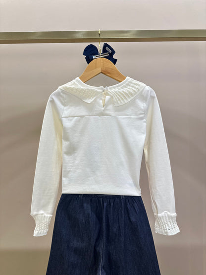 Blusa Infantil Cotton Amour Cristal Gola e Babado Mangas Tricot Off White - Pituchinhus
