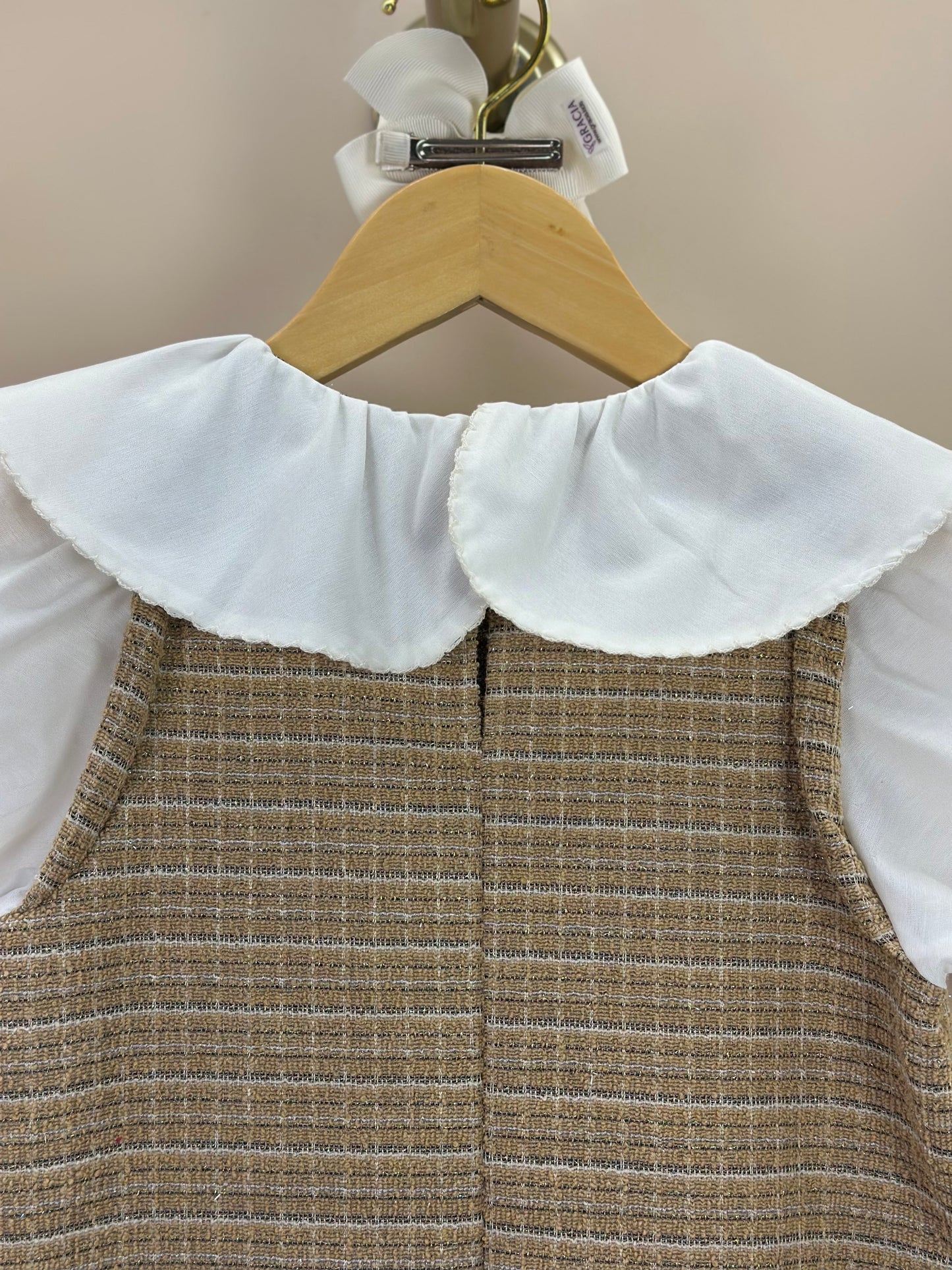 Vestido Infantil Manga Curta Tweed Xadrez Bege - Animê Petite