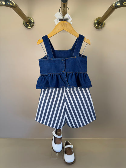Conjunto Infantil Blusa Jeans Com Babado e Shorts Alfaiataria Listrado - Luluzinha