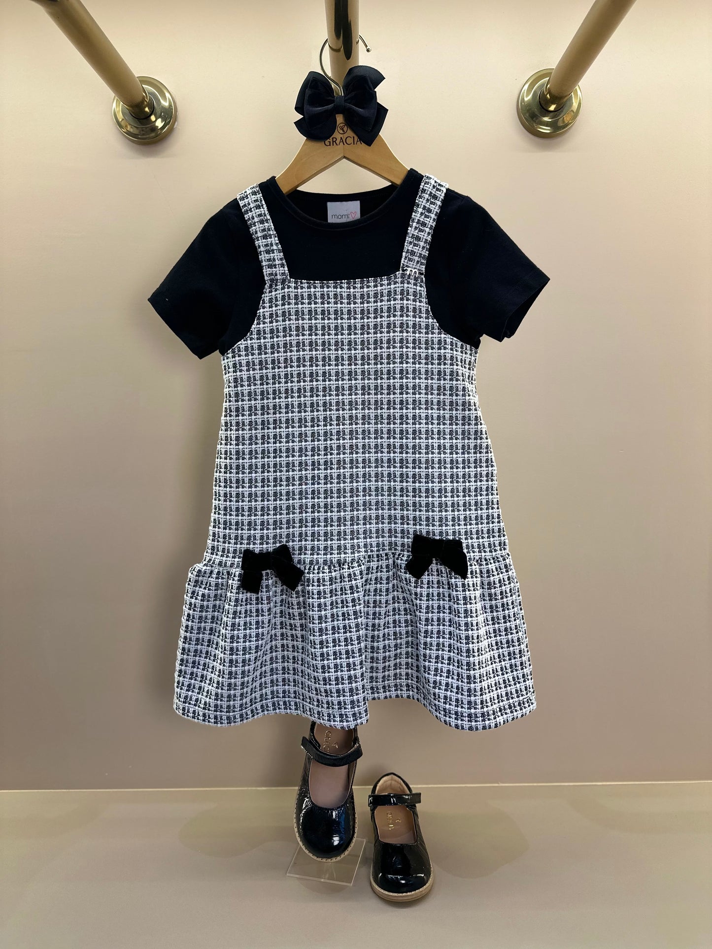 Vestido Infantil MC Sobreposição Tweed Xadrez Preto - Momi