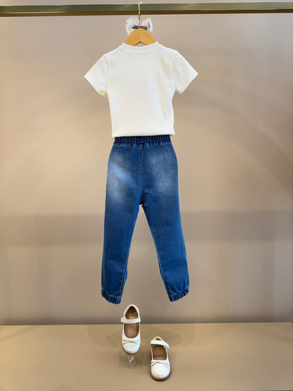 Conjunto Infantil Camiseta Off White Lacinho Tule e Calça Jogger Jeans Ursinho - Gabriela Aquarela