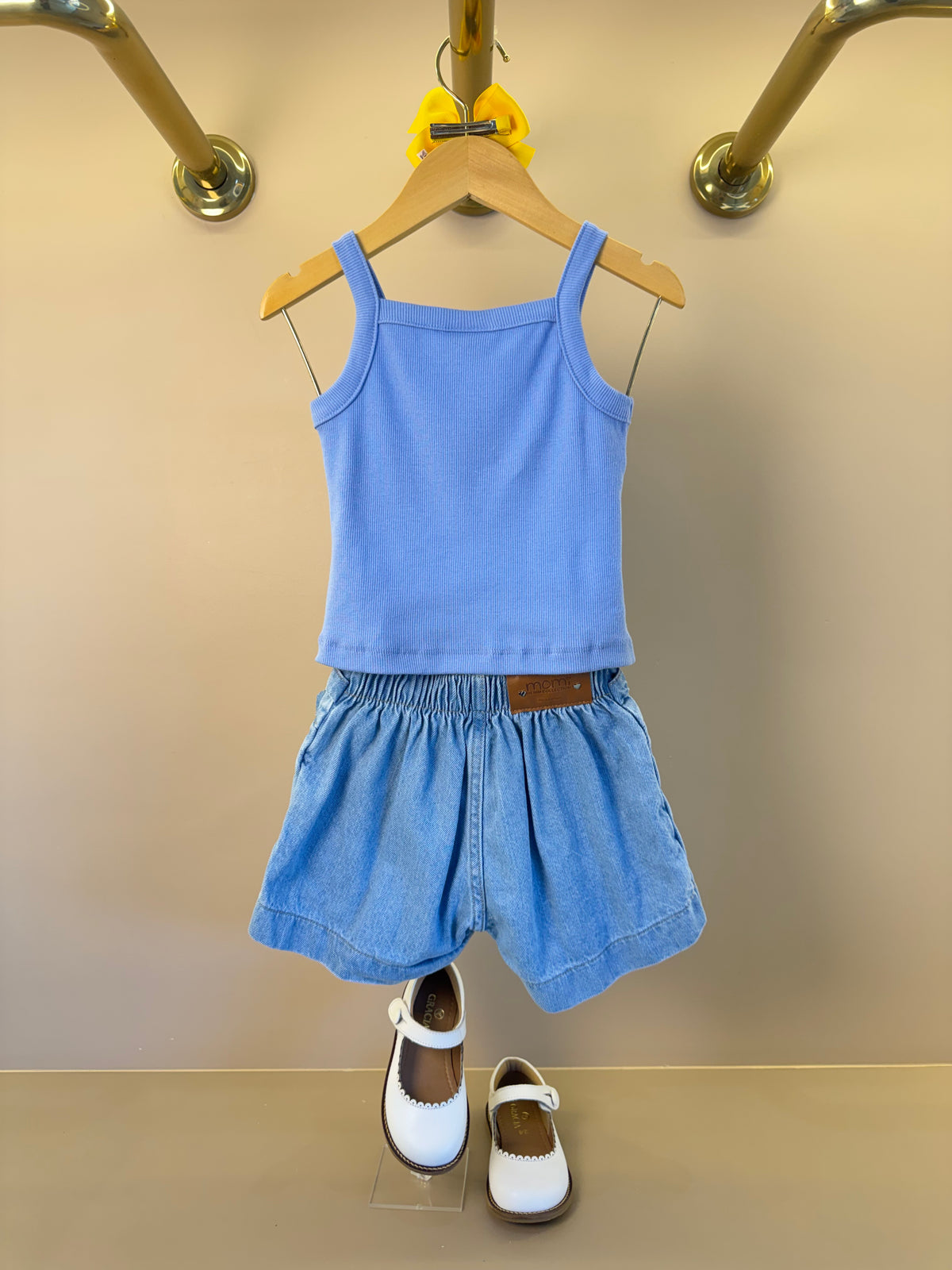 Conjunto Infantil Regata Lilás Estampa Limões e Shorts Saia Jeans Com Pregas - Momi