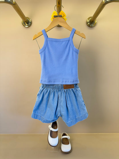 Conjunto Infantil Regata Lilás Estampa Limões e Shorts Saia Jeans Com Pregas - Momi
