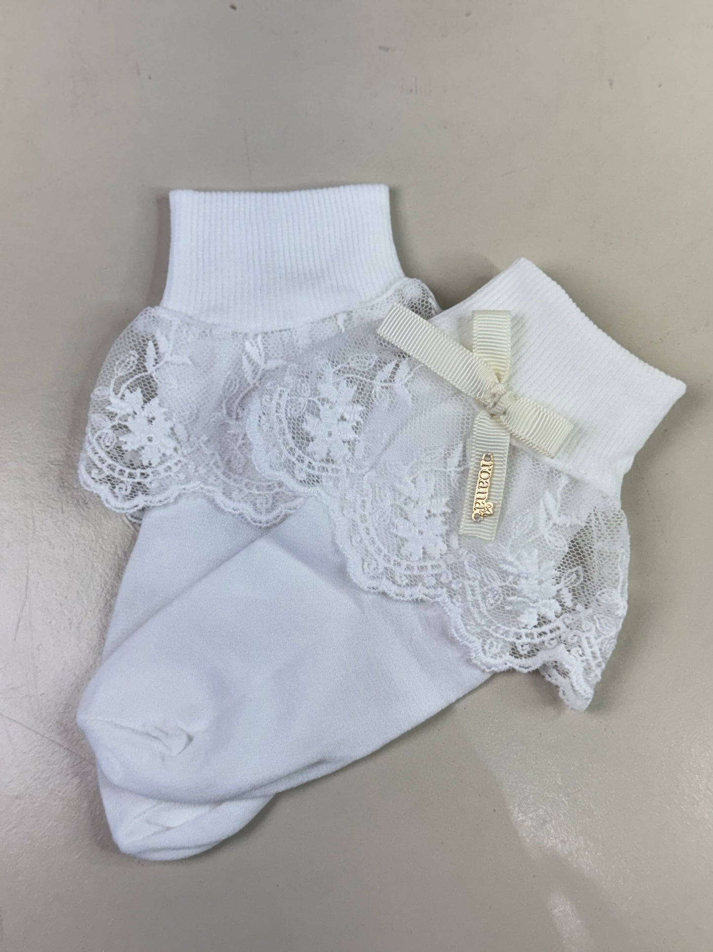 Meia Infantil Clássica Renda Lacinho Marfim - Roana