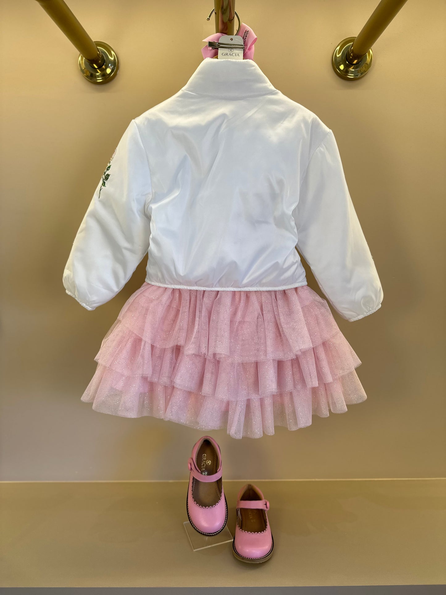 Conjunto Infantil com Casaco Bordado Floral, Blusa com Strass e Saia em Tulle Glitter - Luluzinha