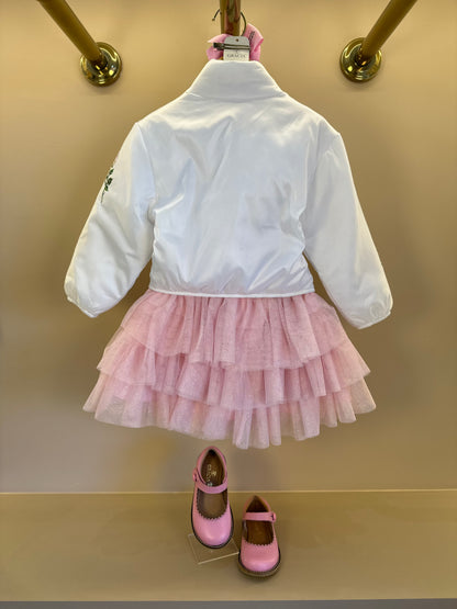 Conjunto Infantil com Casaco Bordado Floral, Blusa com Strass e Saia em Tulle Glitter - Luluzinha