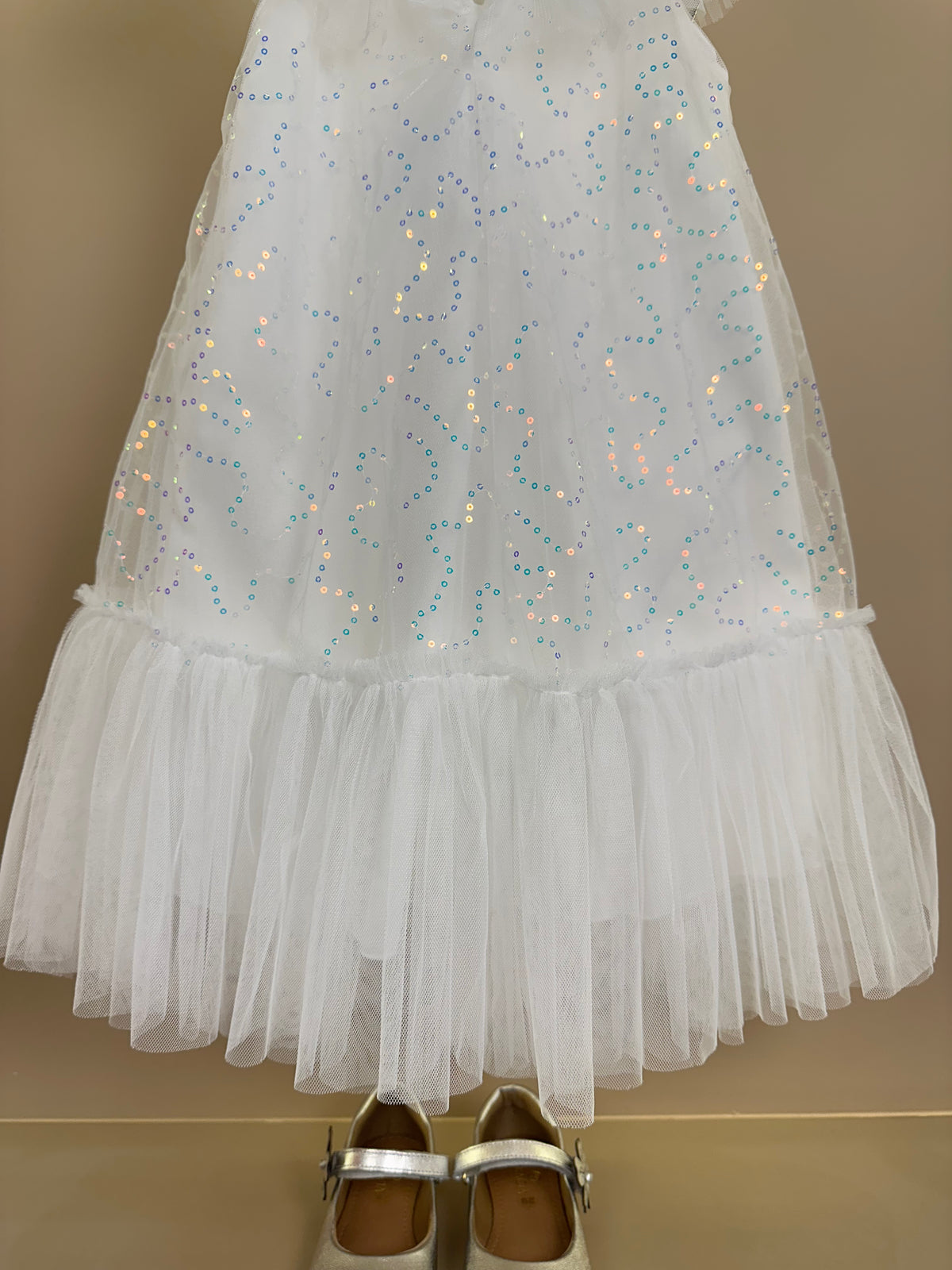 Vestido Infantil Trapézio Tule Bordado Paeté Off White - Petit Cherie