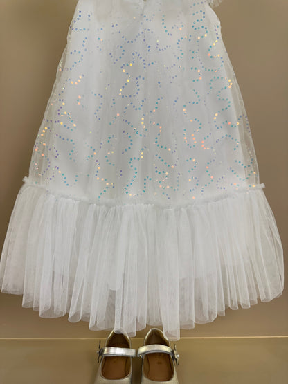 Vestido Infantil Trapézio Tule Bordado Paeté Off White - Petit Cherie