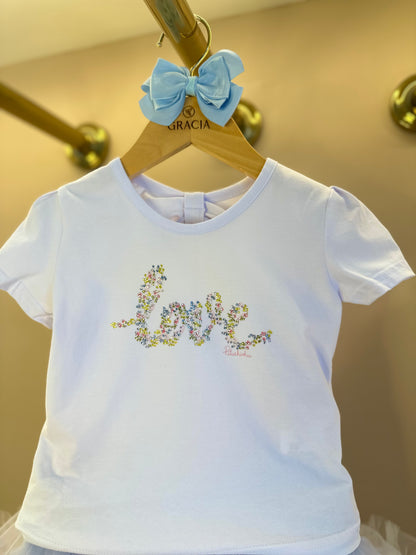 Conjunto Infantil Blusa Algodão Love Floral Cristais e Saia-short Tule Babado Frufru Colorido - Pituchinhus