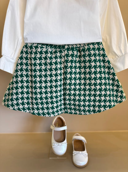 Conjunto Infantil Trio Casaco Tweed Xadrez, Camisa Gola Babados Rendas e Saia Tweed Xadrez - Animê