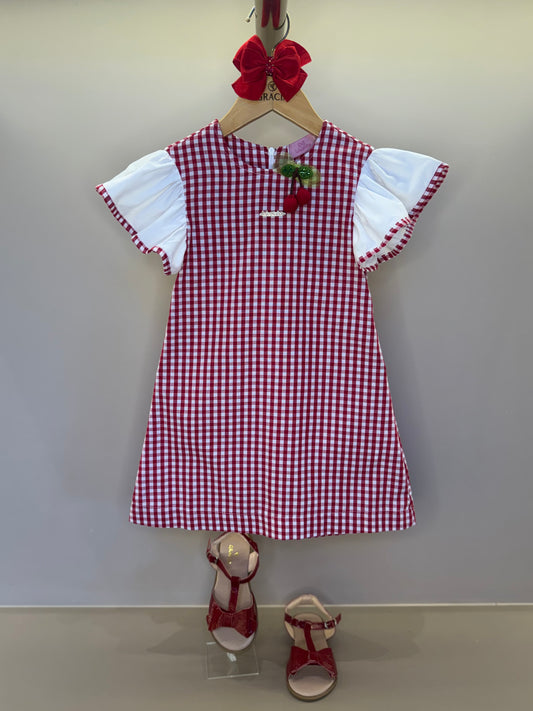 Vestido Infantil Trapézio Linho Xadrez Vermelho Cerejinha - Luluzinha