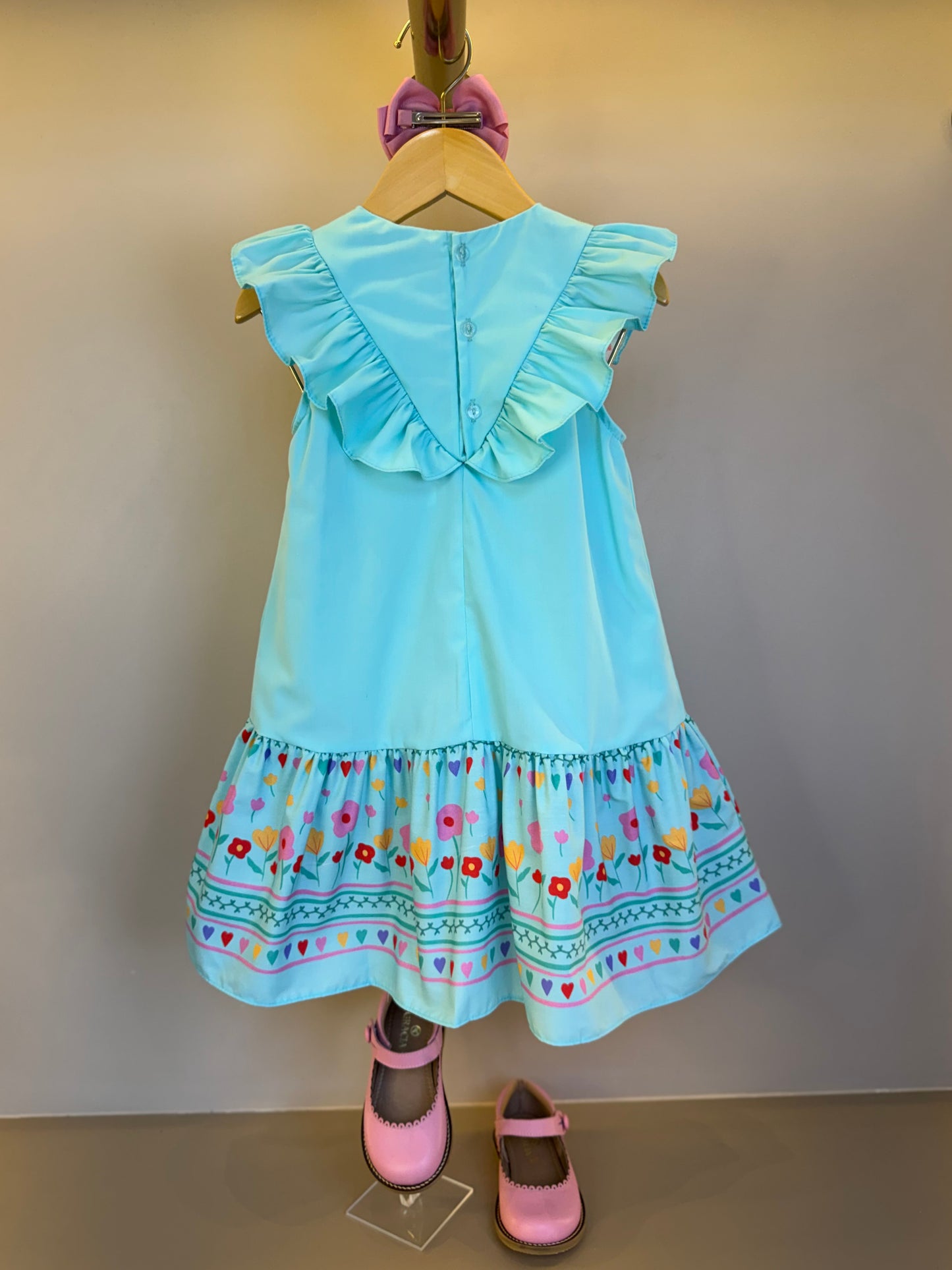 Vestido Infantil Tricoline Barrado Flores e Corações - Mon Sucre