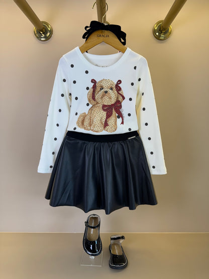Conjunto Infantil Blusa ML Poás Cachorrinho Lacinhos Cristais e Saia Evasê Couro Tech Preta - Pituchinhus