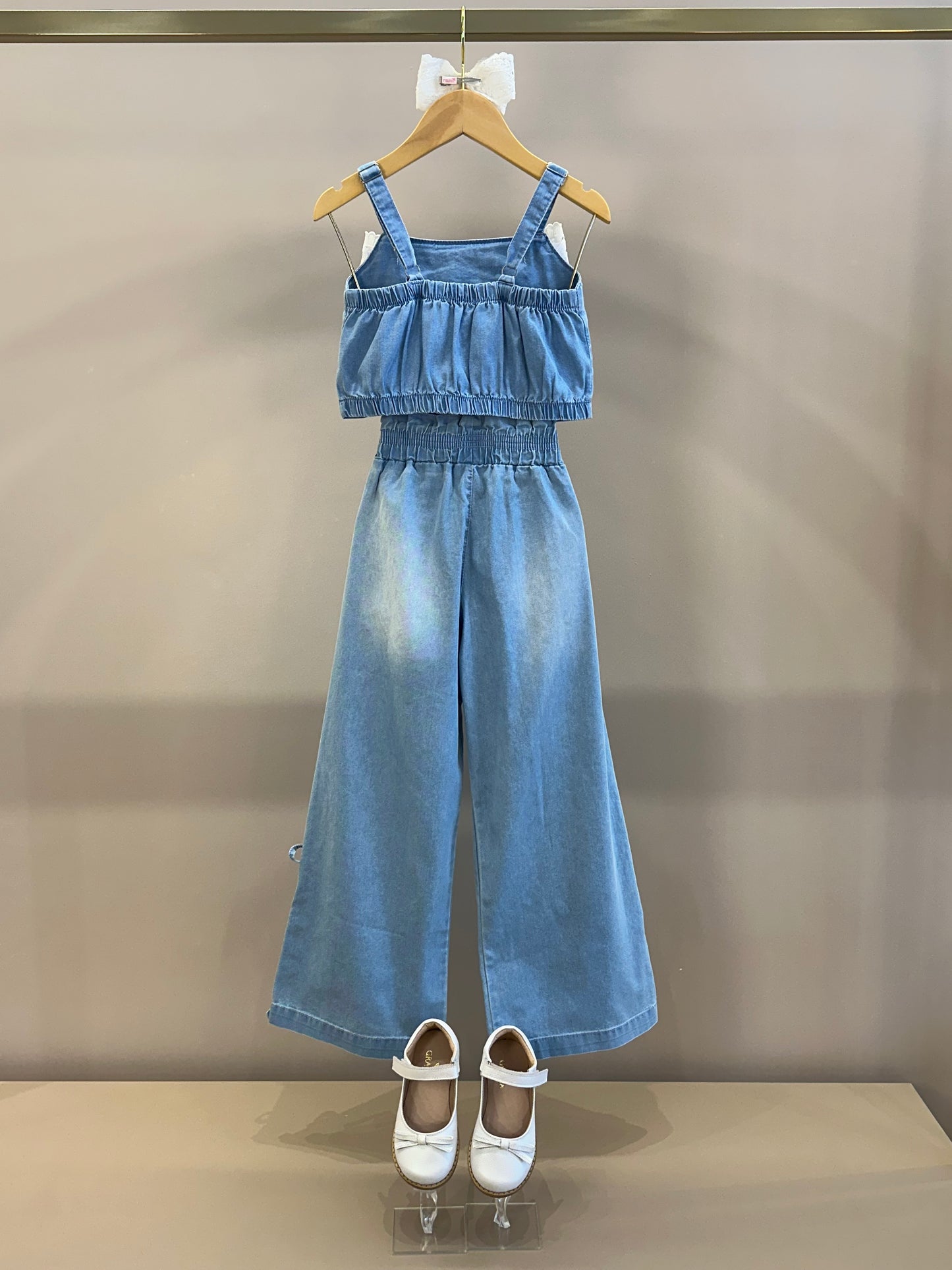 Conjunto Infantil Cropped Maxi Laço Renda e Calça Wide Jeans - Gabriela Aquarela