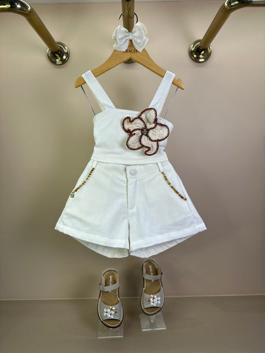 Conjunto Infantil Blusa Flor Crochê Bordada e Shorts - Luluzinha