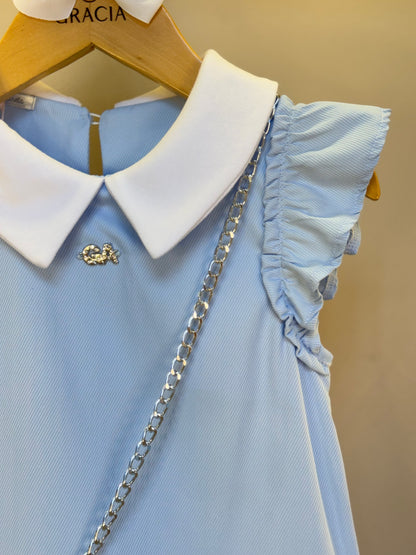Vestido Infantil Algodão Azul com Bolsinha Coelhinho - Gabriela Aquarela