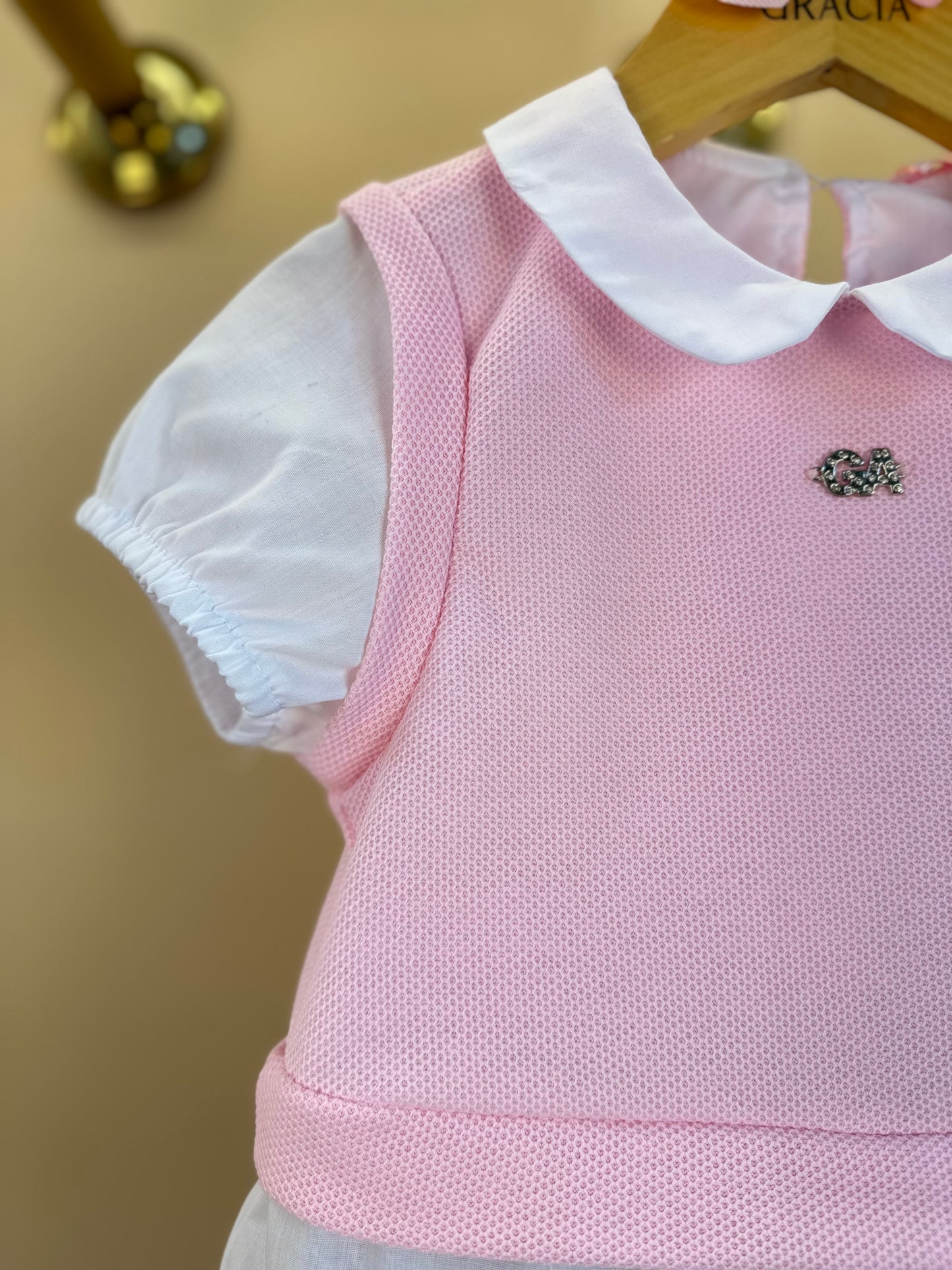Conjunto Infantil Blusa MC com Tricot Rosa e Saia Pregas Ursinhos - Gabriela Aquarela