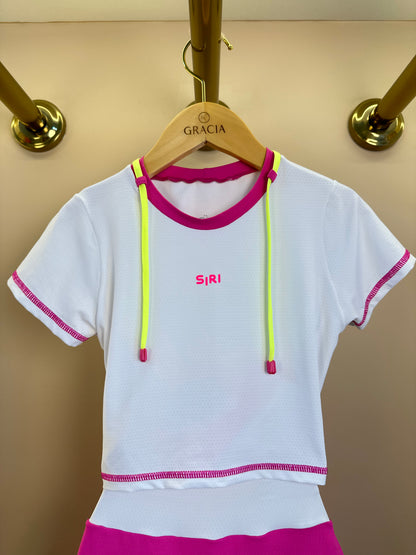 Conjunto Infantil Cropped Fernanda Dry Badminton Branca e Saia Fernanda Dry Badminton Rosa - Siri Sport