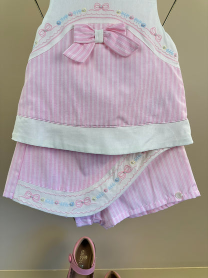 Conjunto Infantil Blusa Laço Pérolas e Shorts Saia Rosa Listrado - Petit Cherie