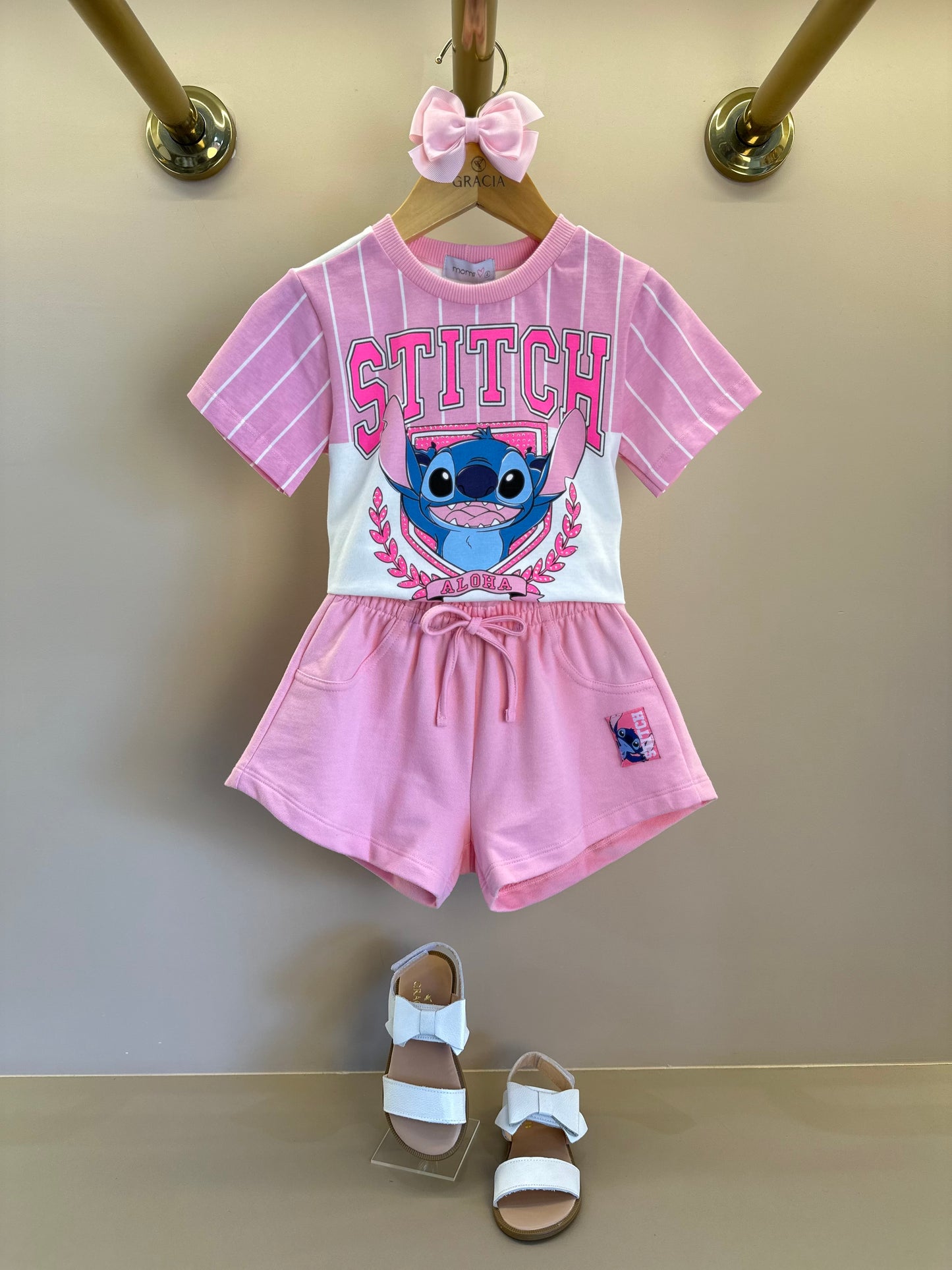 Conjunto Infantil Blusa Stitch  e Shorts  Rosa Blossom - Momi