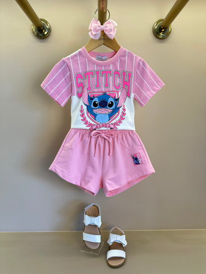 Conjunto Infantil Blusa Stitch  e Shorts  Rosa Blossom - Momi