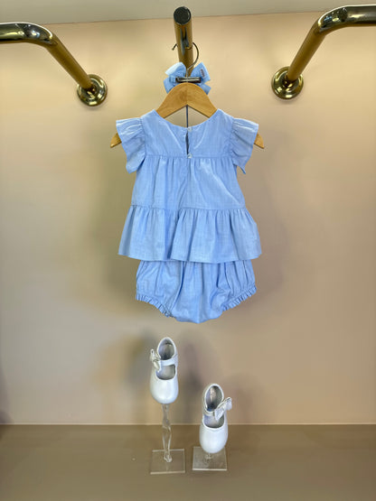 Conjunto Bebê Algodão Batinha Bordada e Shortinho Azul - Petit Cherie