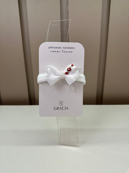 Faixa Bebê Laço Pérola Flores Bordadas Vermelhas - Roana