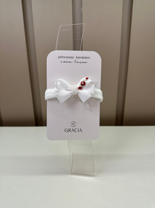 Faixa Bebê Laço Pérola Flores Bordadas Vermelhas - Roana