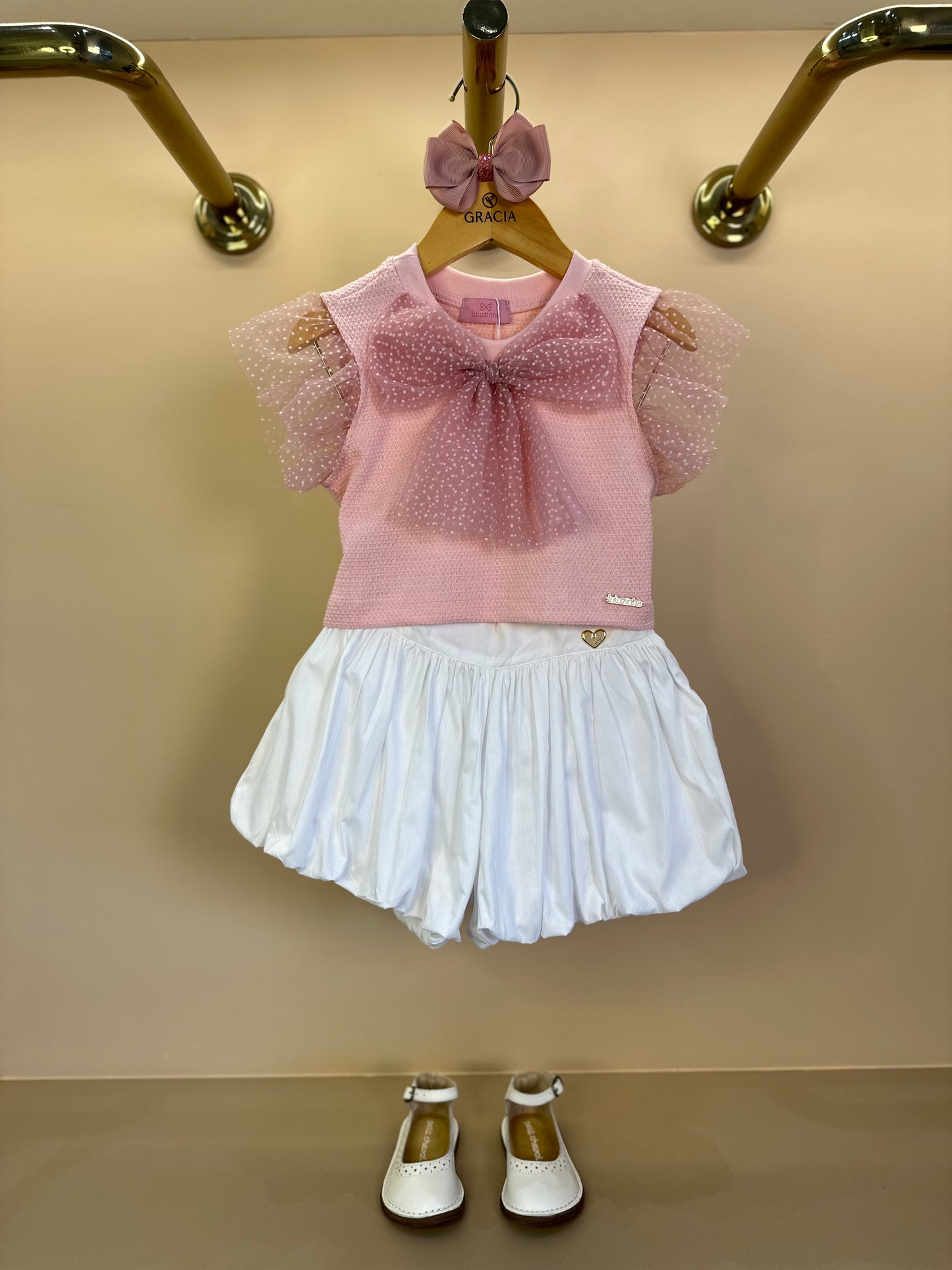 Conjunto Infantil Blusa Laço Tule Rosa e  Shorts Balonê Off - Luluzinha