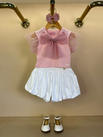 Conjunto Infantil Blusa Laço Tule Rosa e  Shorts Balonê Off - Luluzinha