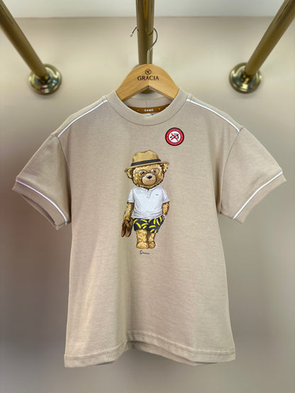 Conjunto Infantil Camiseta Teddy Bananas e Bermuda Bege - Dame