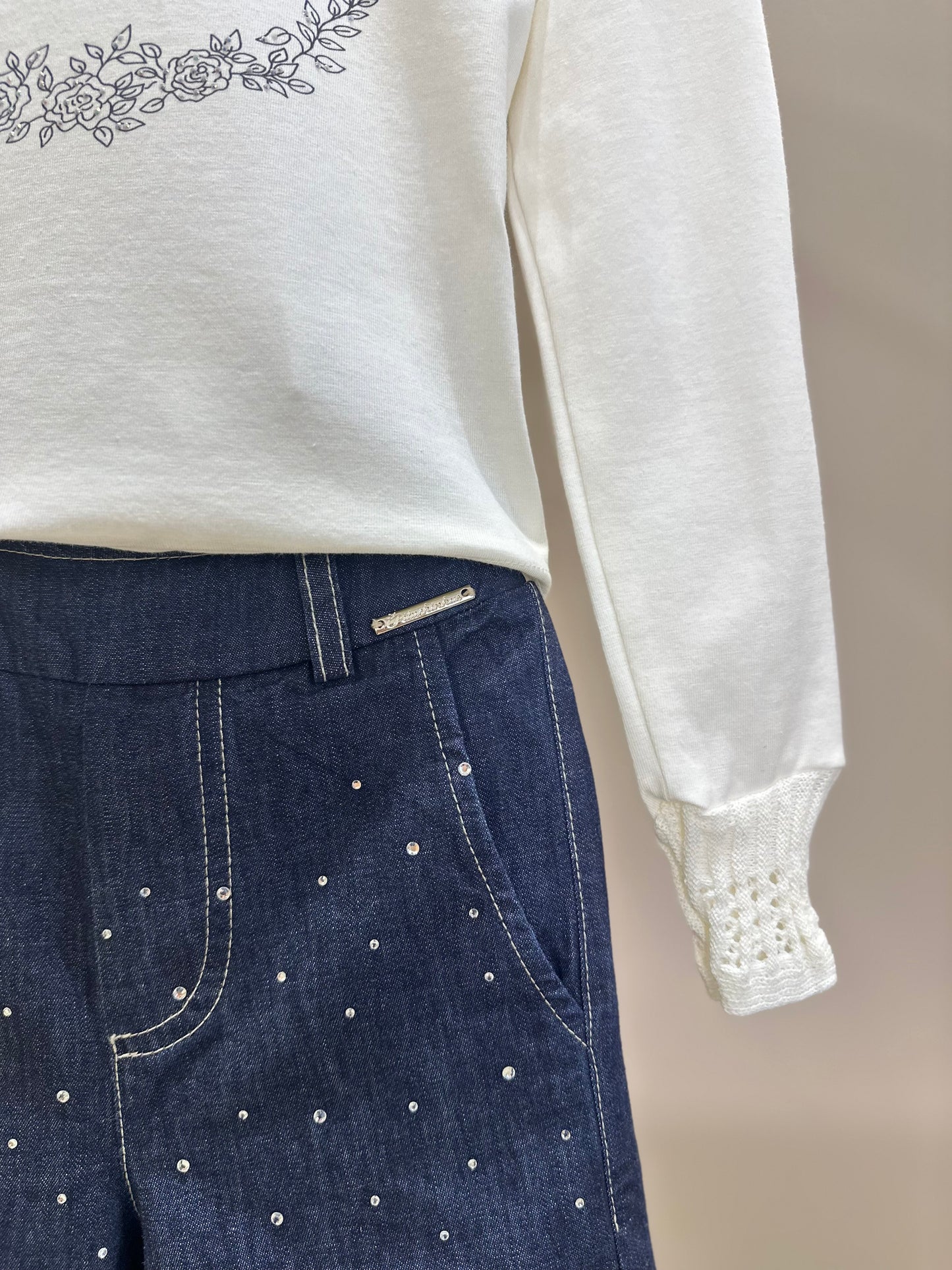Conjunto Infantil Blusa Cotton Amour Cristal Off White e Calça Jeans Reta Cristais - Pituchinhus