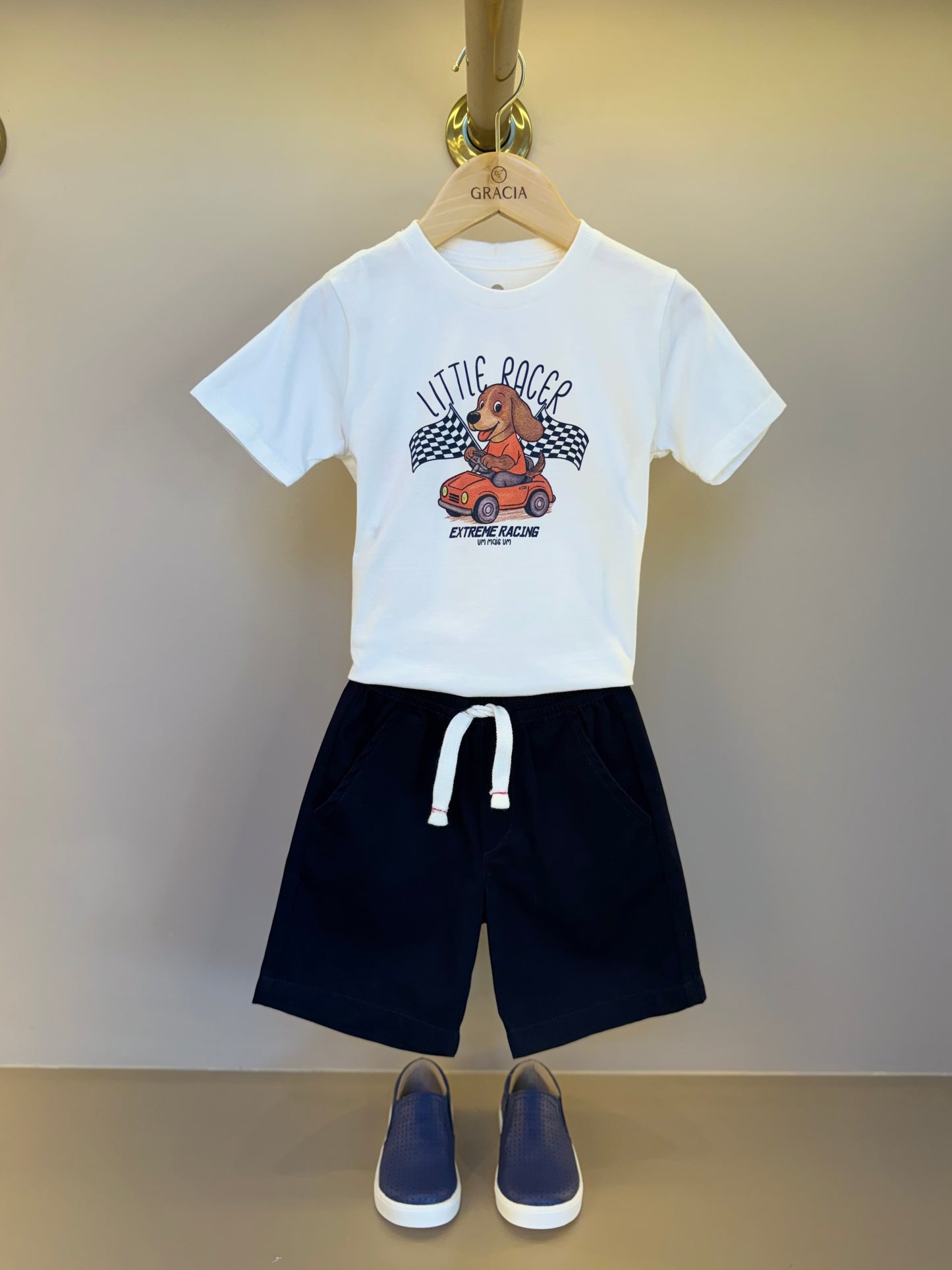 Conjunto Infantil Camiseta Algodão Little Racer e Bermuda Sarja Marinho - Um Mais Um