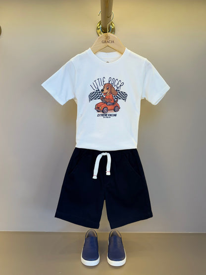 Conjunto Infantil Camiseta Algodão Little Racer e Bermuda Sarja Marinho - Um Mais Um