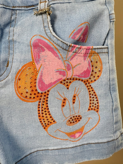 Conjunto Infantil Blusa Minnie Mouse Colorful e Shorts Jeans Estampa Minnie - Animê