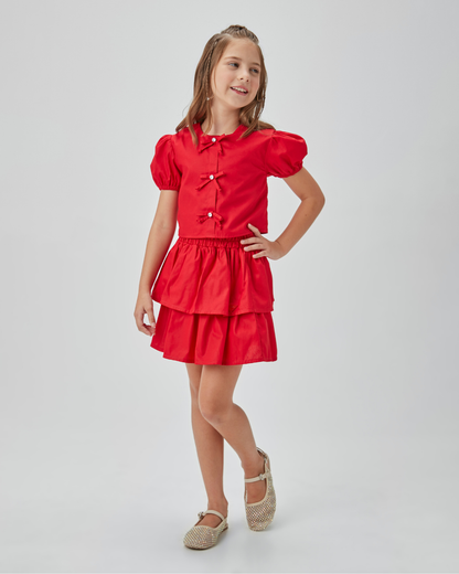 Conjunto Infantil Blusa Lacinhos e Saia-short Tricoline - Um Mais Um