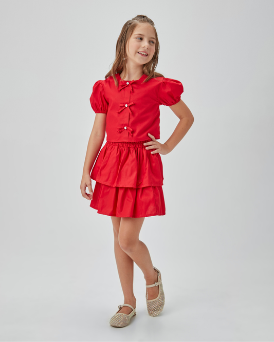 Conjunto Infantil Blusa Lacinhos e Saia-short Tricoline - Um Mais Um