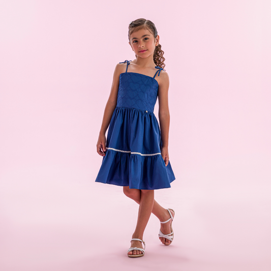 Vestido Infantil Algodão Bordado Corações Royal - Petit Cherie PRÉ-VENDA