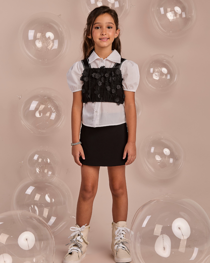 Conjunto Infantil Camisa com Cropped Bordado Flores e Saia-shorts - Gabriela Aquarela
