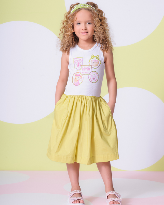 Vestido Infantil Ribana Patches Tenista Saia Tricoline - Pituchinhus
